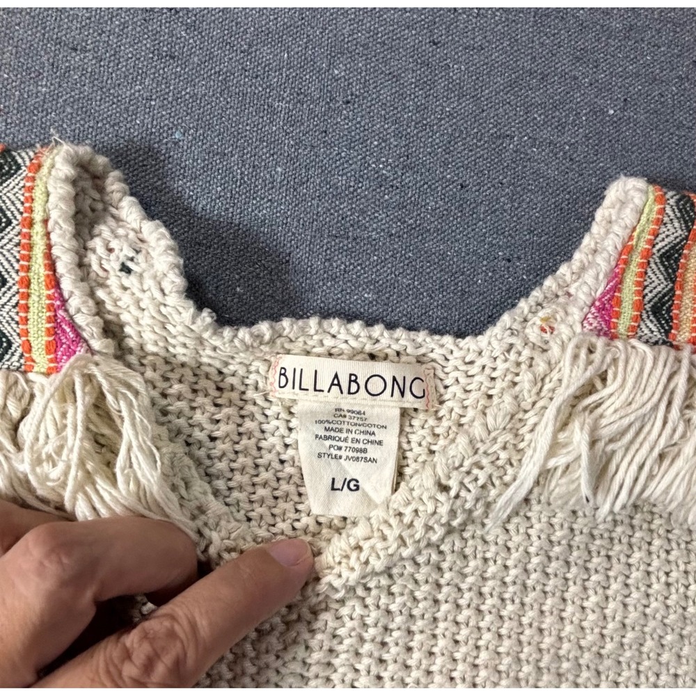 Billabong Cream Cotton Knit Fringe Sweater Boho Southwestern Embroidered Large - Picture 2 of 7